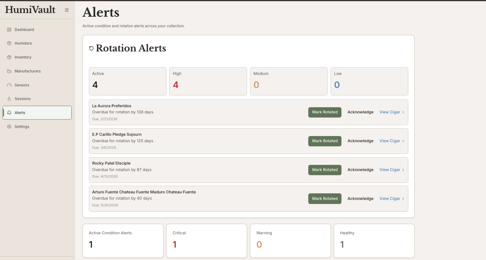 HumiVault alerts view: rotation and condition alerts across the collection.