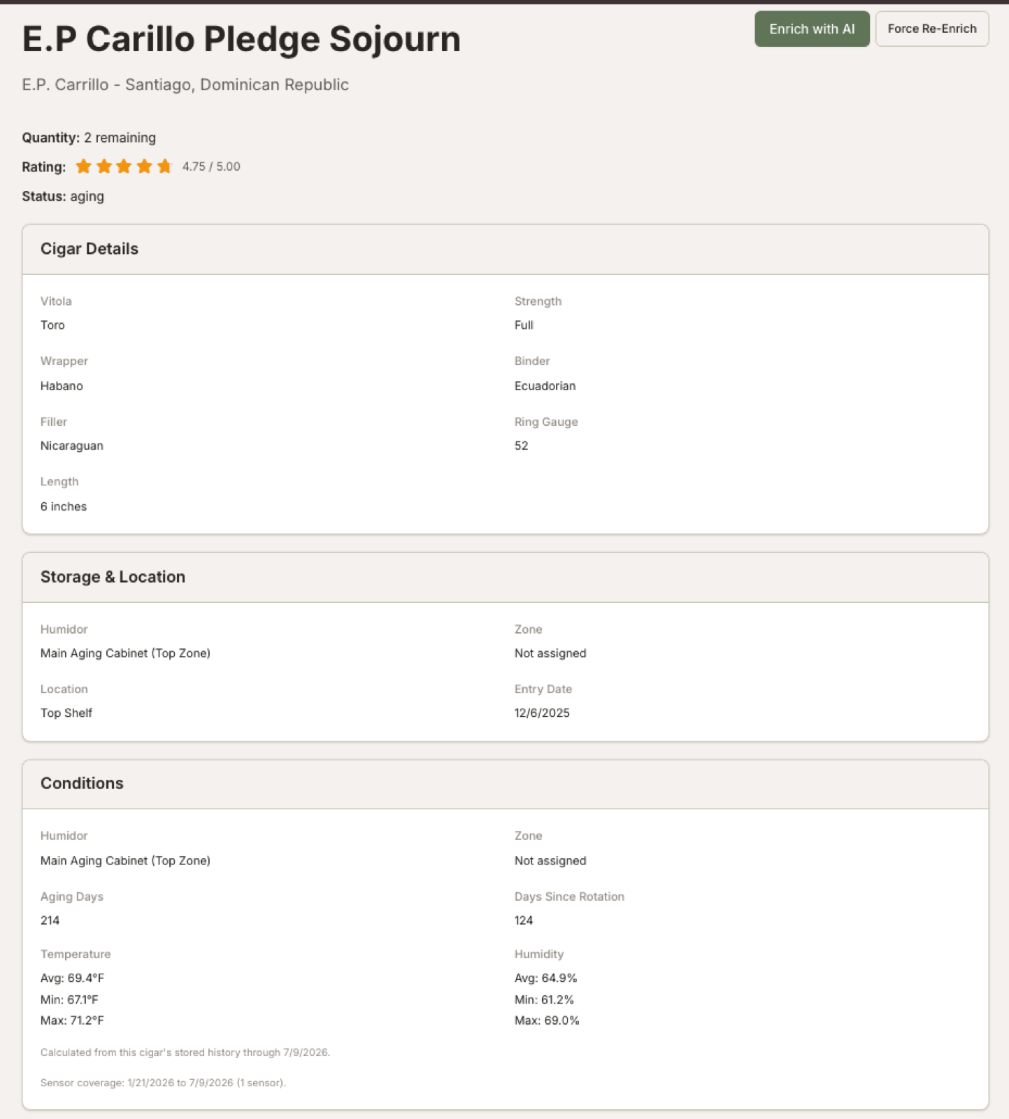HumiVault single cigar detail page with storage and profile information.