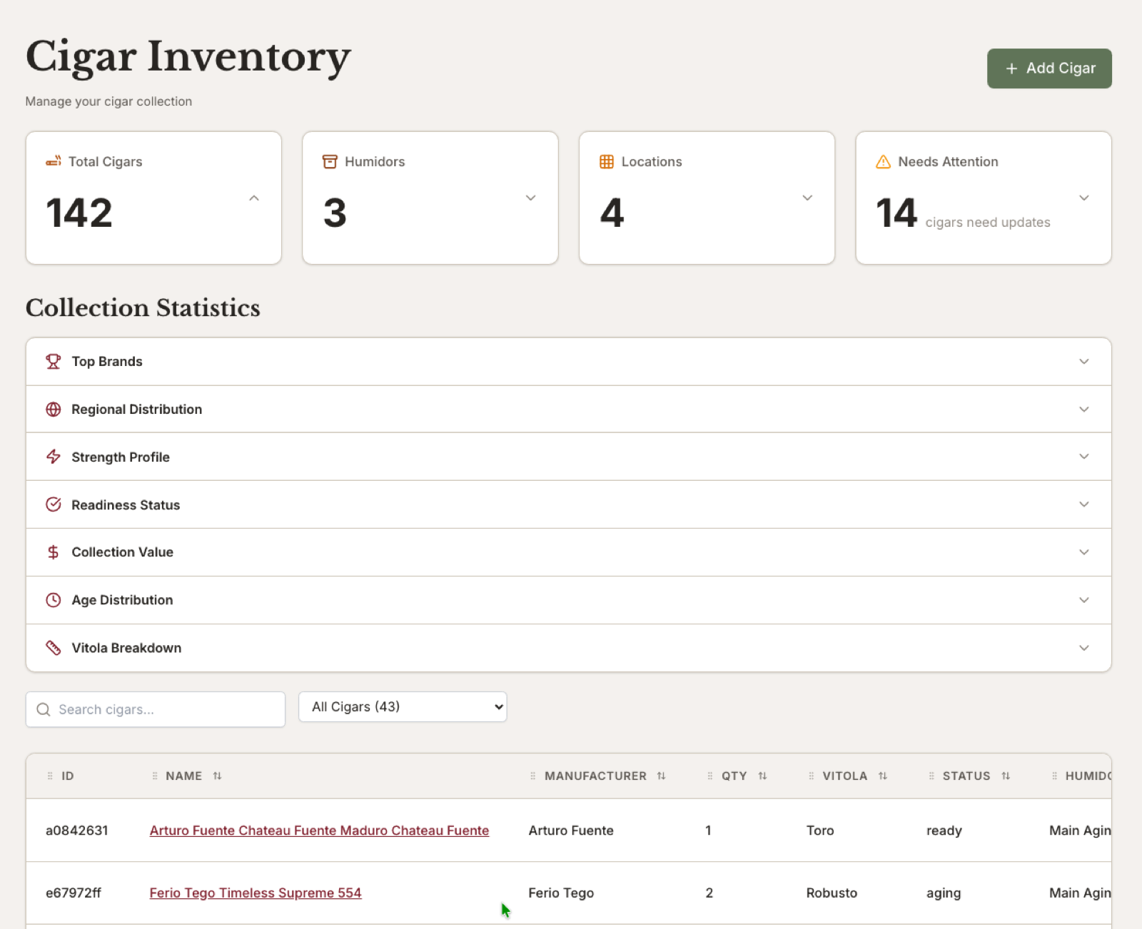 HumiVault cigar inventory list with smart collection tracking.