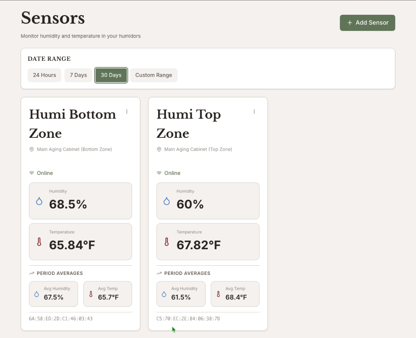 HumiVault Govee sensor monitoring view with humidity and temperature readings.
