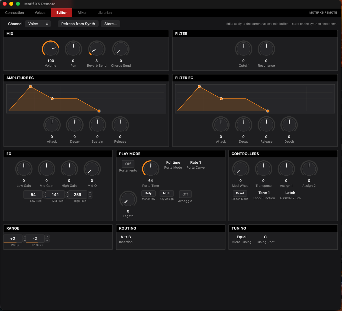 Motif XS Remote voice editor showing mix, filter, amplitude and filter envelopes, EQ, play mode, controllers, pitch-bend range, routing, and tuning.
