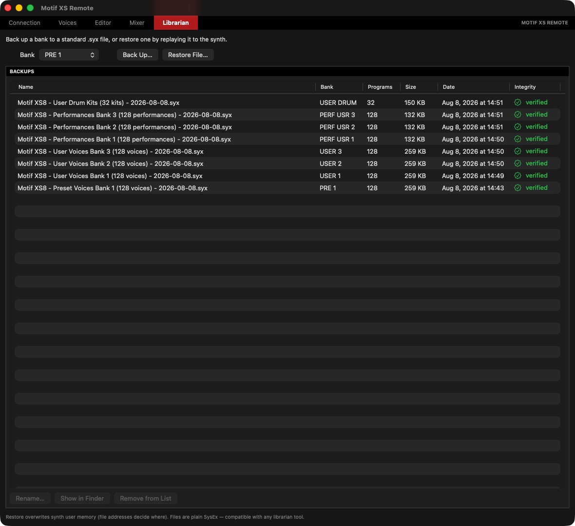 Motif XS Remote librarian listing dated .syx backups of user voices, performances, and drum kits, each marked verified.